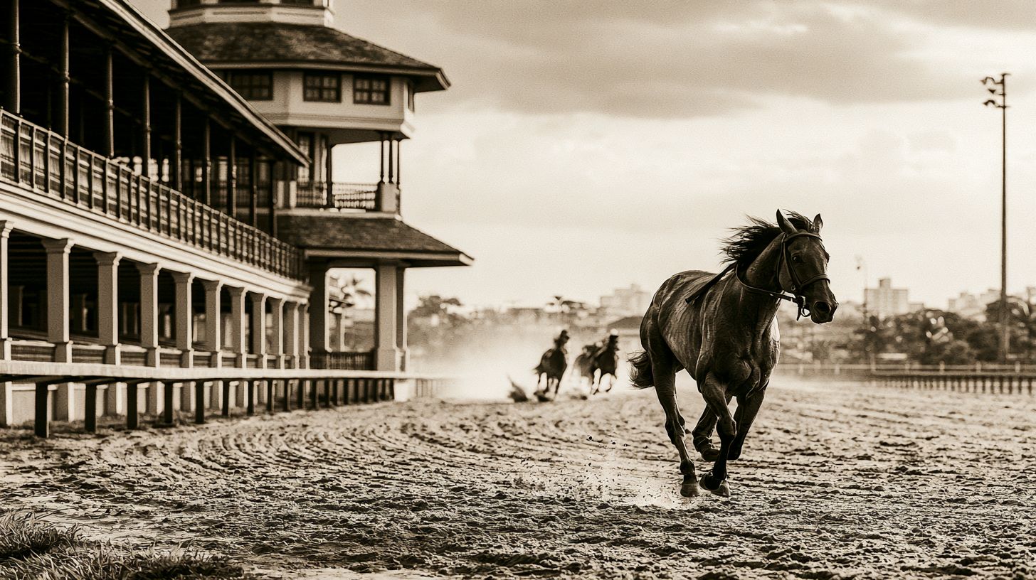 Cavalo correndo na pista de areia em frente às tribunas