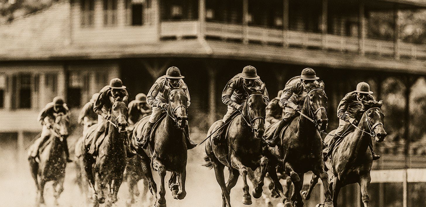 Páreo diante das tribunas de um hipódromo, em foto de tom antigo